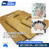 3 Bamboo Chopping Boards & 12 Piece Cooking Utensils